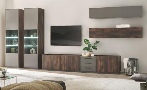 Furn.Design Wohnwand in Thermo Eiche und grau, Set 5-teilig mit XXL TV-Lowboard und Soft-Close, Piano von Furn.Design