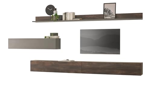 Furn.Design Wohnwand in Thermo Eiche und grau, Wohnkombination 5-teilig 380 x 180 cm, Piano von Furn.Design