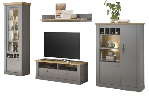 Furn.Design Wohnwand in grau und Artisan Eiche Landhaus, Wohnkombination 4-teilig 326 x 201 cm, Rideau von Furn.Design