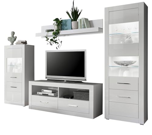Furn.Design Wohnwand in weiß Hochglanz, Wohnkombination 4-teilig 300 x 198 cm, Carrara von Furn.Design