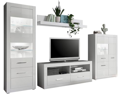 Furn.Design Wohnwand in weiß Hochglanz Wohnkombination 4-teilig 335 x 198 cm, Carrara von Furn.Design