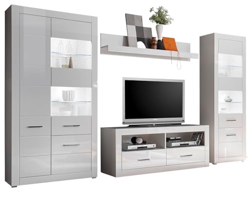 Furn.Design Wohnwand in weiß Hochglanz Wohnkombination 4-teilig 335 x 198 cm, Carrara von Furn.Design
