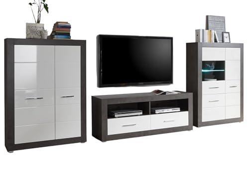 Furn.Design Wohnwand in weiß Hochglanz und grau Stone, Wohnkombination 4-teilig 370 x 170 cm, Briard von Furn.Design