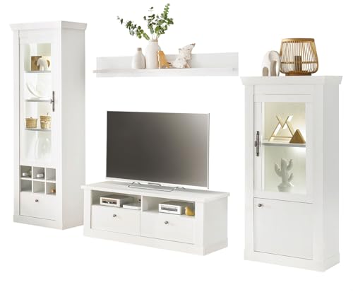 Furn.Design Wohnwand in weiß Pinie Landhaus, Wohnkombination 4-teilig mit Soft-Close-Funktion und viel Stauraum, Fiastra Furn.Design Wohnwand in weiß Pinie Landhaus, Wohnkombination 4-teilig mit Soft-Close-Funktion und viel Stauraum, Fiastra von Furn.Design