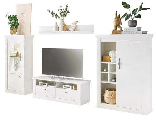 Furn.Design Wohnwand in weiß Pinie Landhaus Wohnkombination 4-teilig, Soft-Close-Funktion, Fiastra von Furn.Design
