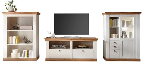 Furn.Design Wohnwand in weiß Pinie und Eiche Wotan Landhaus Schrankwand 3-teilig 376 x 139 cm, Hemsby von Furn.Design