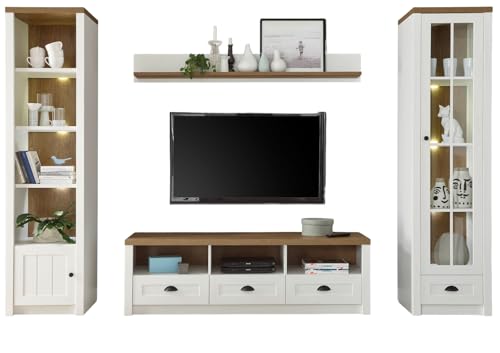 Furn.Design Wohnwand in weiß Pinie und Eiche hell, Landhaus Wohnkombination 4-teilig 300 x 198 cm, Seyne von Furn.Design