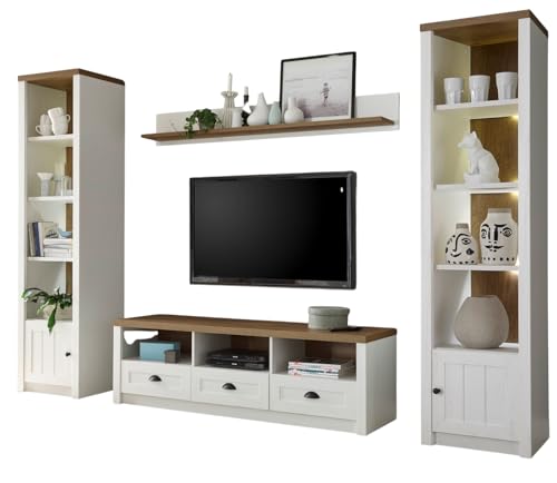 Furn.Design Wohnwand in weiß Pinie und Eiche hell, Landhaus Wohnkombination 4-teilig 300 x 198 cm, Seyne von Furn.Design