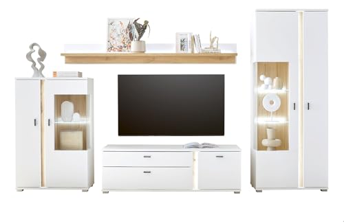 Furn.Design Wohnwand in weiß matt Wohnkombination inklusive Frontbeleuchtung 4 teilig 330 x 200, Bellport von Furn.Design