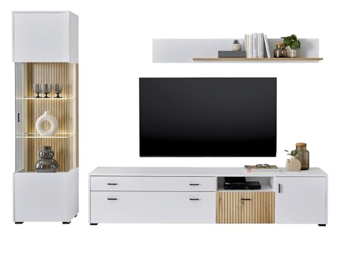 Furn.Design Wohnwand in weiß matt und Evoke Eiche Wohnkombination 3-teilig 258 x 180 cm, Merced von Furn.Design