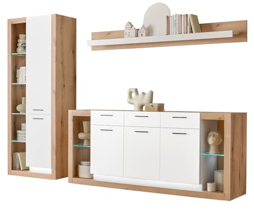 Furn.Design Wohnwand in weiß matt und Evoke Eiche Wohnkombination Set 3-teilig 298 cm, Rivian von Furn.Design