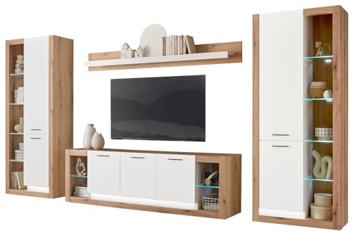 Furn.Design Wohnwand in weiß matt und Evoke Eiche Wohnkombination Set 4-teilig 398 cm, Rivian von Furn.Design