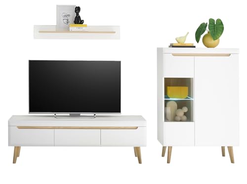 Furn.Design Wohnwand in weiß matt und Scandi Eiche Wohnkombination skandinavisch 3-teilig 270 cm, Isgard von Furn.Design