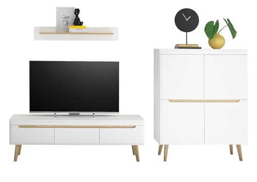 Furn.Design Wohnwand in weiß matt und Scandi Eiche Wohnkombination skandinavisch 3-teilig 287 cm, Isgard von Furn.Design