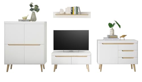 Furn.Design Wohnwand in weiß matt und Scandi Eiche Wohnkombination skandinavisch 4-teilig 360 x 197 cm, Isgard von Furn.Design
