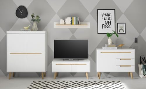 Furn.Design Wohnwand in weiß matt und Scandi Eiche Wohnkombination skandinavisch 4-teilig 361 cm, Isgard Furn.Design Wohnwand in weiß matt und Scandi Eiche Wohnkombination skandinavisch 4-teilig 361 cm, Isgard von Furn.Design