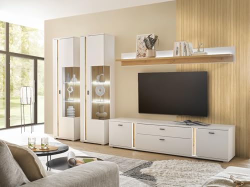 Furn.Design Wohnwand in weiß matt und Wotan Eiche Wohnkombination inklusive Frontbeleuchtung 330 x 200, Bellport von Furn.Design