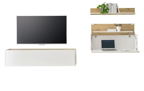 Furn.Design Wohnwand mit Sekretär in weiß und Wotan Eiche Wohnkombination 3-teilig 270 x 170 cm, Center von Furn.Design