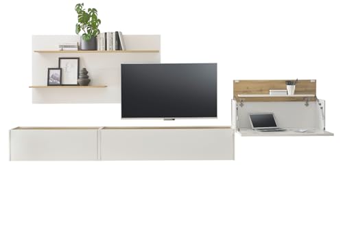Furn.Design Wohnwand mit Sekretär in weiß und Wotan Eiche Wohnkombination 4-teilig 350 x 180 cm, Center von Furn.Design
