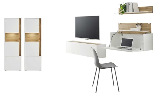 Furn.Design Wohnwand mit Sekretär in weiß und Wotan Eiche Wohnkombination 5-teilig 410 x 170 cm, Center von Furn.Design