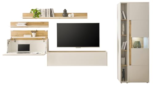 Furn.Design Wohnwand mit Sekretär in weiß und Wotan Eiche Wohnkombination 6-teilig 340 x 200 cm, Center von Furn.Design