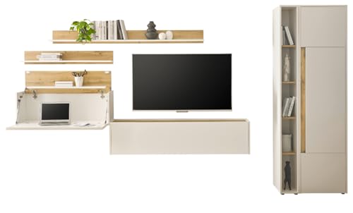 Furn.Design Wohnwand mit Sekretär in weiß und Wotan Eiche Wohnkombination 6-teilig 340 x 200 cm, Center von Furn.Design