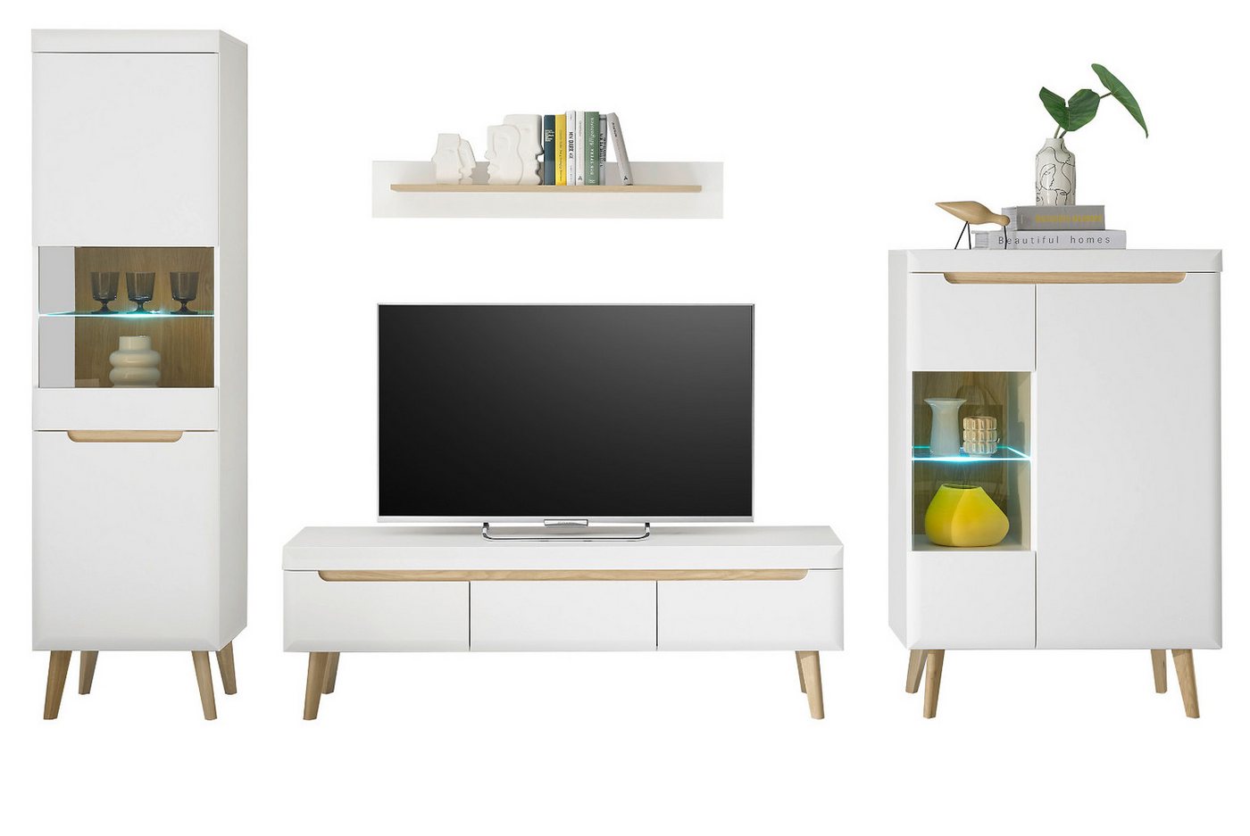Furn.Design Wohnwand Isgard, (Wohnzimmer-Set in weiß mit Scandi Eiche, 4-St., 340 x 197 cm), Soft-Close-Funktion von Furn.Design