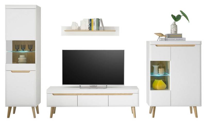Furn.Design Wohnwand Isgard, (Wohnzimmer-Set in weiß mit Scandi Eiche, 4-St., 340 x 197 cm), Soft-Close-Funktion von Furn.Design