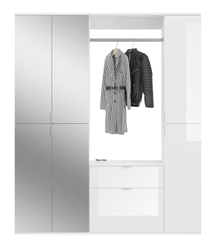 Garderobe in weiß Hochglanz Garderobenschrank mit Spiegeltür Flurgarderobe großer Schuhschrank Mehrzweckschrank 152 x 193 cm System-X (Set 4) von Furn.Design