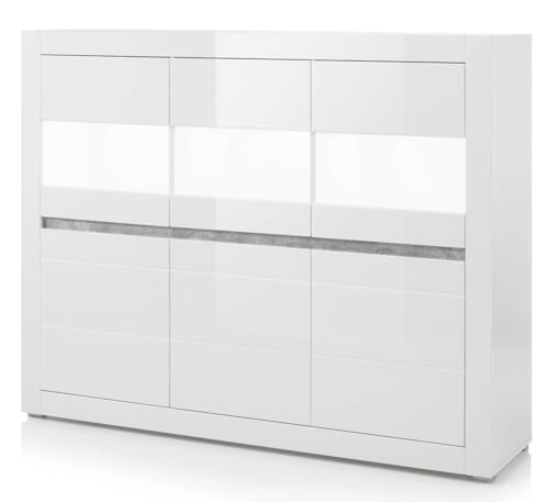 Highboard Kommode in weiß Hochglanz und grau Stone Design Wohnzimmerschrank Anrichte Vitrine 164 x 131 cm Nobile (Highboard) von Furn.Design