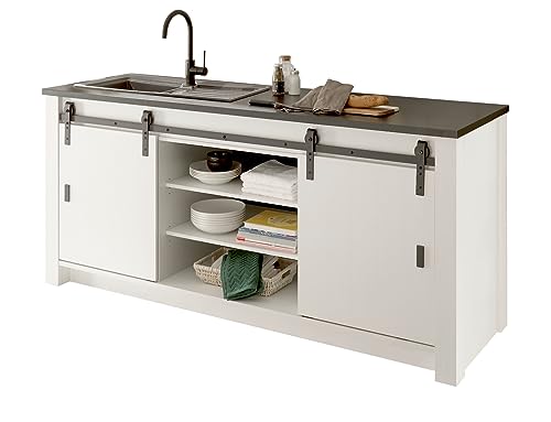 Küchenschrank Küchenunterschrank in weiß Pinie und schwarz/anthrazit Küche Unterschrank für Spüle oder Kochfeld mit Arbeitsplatte ohne Ausschnitte im Industrial Design 200 x 93 cm Stove (Groß) von Furn.Design