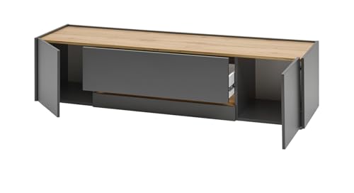 TV Unterteil Lowboard in Eiche Wotan Holz und grau matt Wohnzimmer Fernseher Schrank Mediaschrank TV-Board 170 x 40 cm Center (TV-Lowboard 2) von Furn.Design