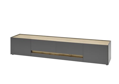 TV Unterteil Lowboard in Eiche Wotan Holz und grau matt Wohnzimmer Fernseher Schrank Mediaschrank TV-Board 220 x 40 cm Center (TV-Lowboard 3) von Furn.Design