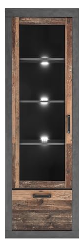 Vitrine in Old Used Wood Holz Shabby Design mit grau Matera Vitrinenschrank Wohnzimmer Esszimmer Schrank 65 x 201 cm Ward (Vitrine 1) von Furn.Design