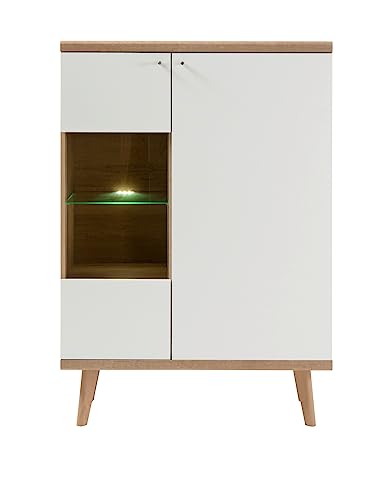 Vitrine weiß und Eiche Riviera Vitrinenschrank Wohnzimmerschrank skandinavisches Design 50 x 197 cm Helge (Highboard/Vitrine mit LED) von Furn.Design