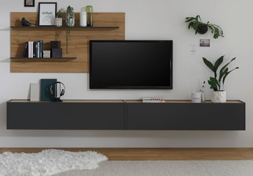 Wohnwand Schrankwand in grau matt und Eiche Wotan Holz TV Unterteil zum Aufhängen Mediawand Fernsehschrank Wohnzimmer Set 300 x 180 cm (Set 1) von Furn.Design