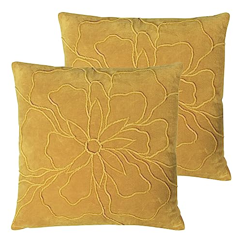 Furn. Angeles Kissen, Samt, Polyester, gefüllt, Blumenmuster, Ocker, 45 x 45 cm, Ocker von furn.