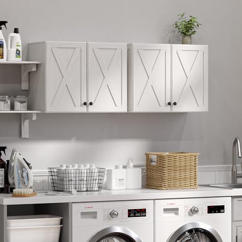 Wandschränke – Bauernhaus-Küchen-Wäscheschränke mit 4 Türen und Regalen, in Weiß mit Maserung, 61 cm B x 2 Stück von Furnaza