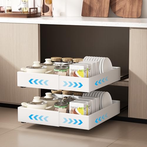 Furnestorica 2 Stück Ausziehbare Schublade Küche, Expansible Teleskopschublade Organizer, mit Track System Küchenschrank Ausziehbar für Küche Pantry Organisation, Einstellbare Breite 32-53cm (Weiß) von Furnestorica