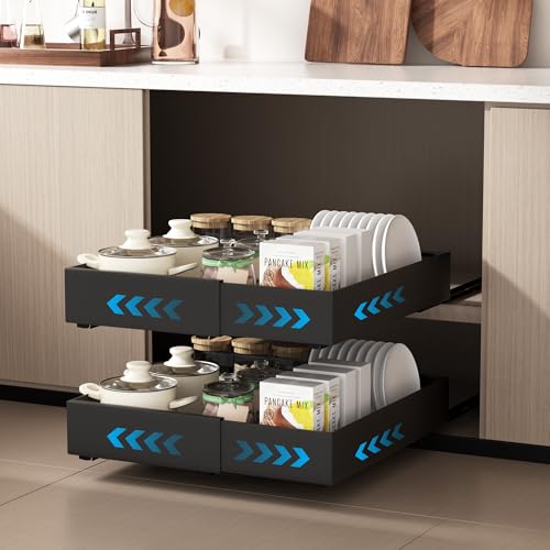 Furnestorica 2 Stück Ausziehbare Schublade Küche, Expansible Teleskopschublade Organizer, mit Track System Küchenschrank Ausziehbar für Küche Pantry Organisation, Einstellbare Breite 32-53cm (Schwarz) von Furnestorica