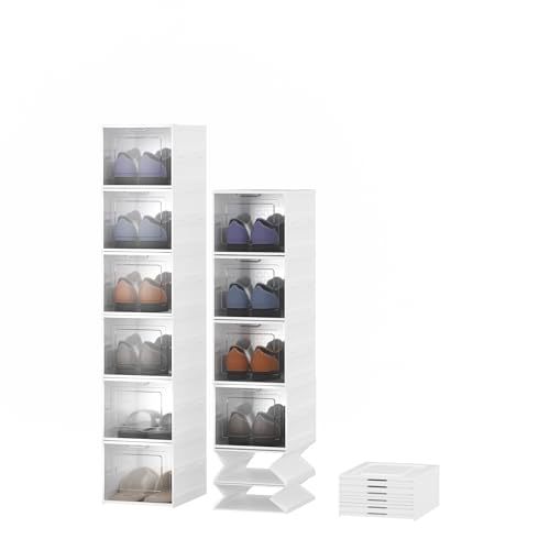 Furnestorica Schuhboxen Stapelbar Installationsfrei - Schuhbox aus Kunststoff mit transparenter Türen Schuhaufbewahrung High Heels Klappschuhschrank bis Größe 45 (Weiß 6Ebenen) von Furnestorica
