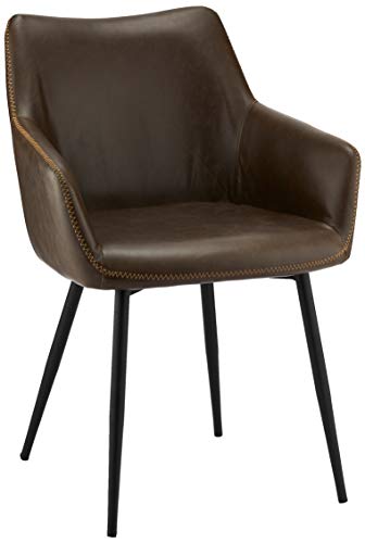 Furnhouse Ibbe Design 2er Set Braun Kunstleder Esszimmerstühle Vintage Industrial Lounge Küchenstühle mit Armlehnen Maria, Schwarz Metallgestell, L56x B56x H81cm von Furnhouse