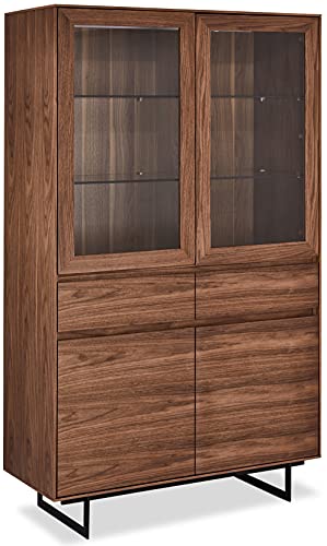 Ibbe Design Nussbaum Vitrine MDF Walnuss Furnier Vitrineschrank Tokyo med LED und Glastüren und 4 Schubladen, Schwarz Metall Gestell, 110x45x190 cm von Furnhouse