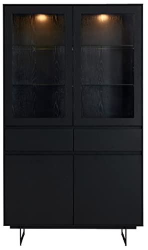 Furnhouse Ibbe Design Schwarz Vitrine MDF Eiche Furnier Vitrineschrank Tokyo med LED und Glastüren und 4 Schubladen, Schwarz Metall Gestell, 110x45x190 cm von Furnhouse