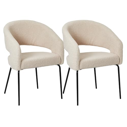 Furnhouse Natalie Esszimmerstühle mit Armlehne 2er Set Beige – Bouclé Stoff Creme, Skandinavisches Design, Metallgestell, Gepolstert & Komfortabel von Furnhouse