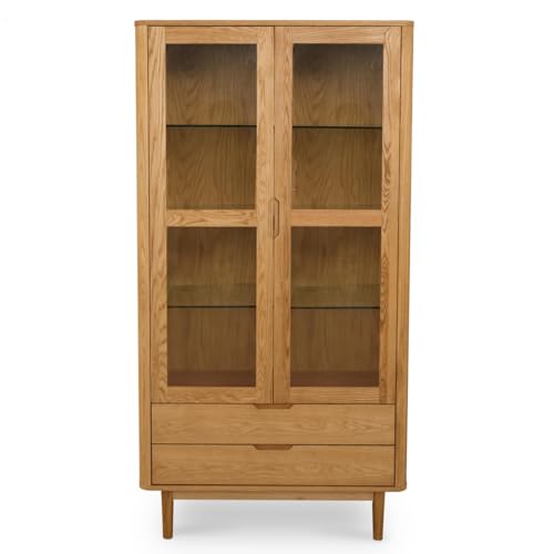 Furnhouse Nyborg Vitrine mit LED-Beleuchtung 100 cm breit Wildeiche – Vitrinenschrank mit Soft-Close-System – Massivholz Eiche mit Glas & Naturöl-Finish – 2 Türen, 2 Schubladen von Furnhouse