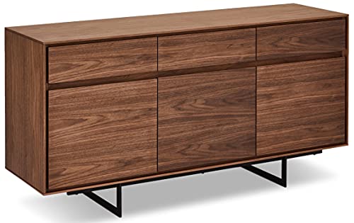 Ibbe Design Nussbaum Sideboard Anrichte MDF Walnuss Furnier Kommode mit 3 Türen und 3 Schubladen Tokyo, Schwarz Metall Gestell, 155x45x82cm von Furnhouse