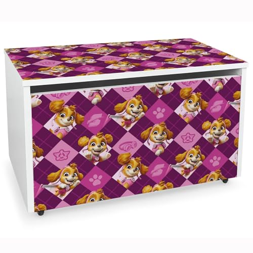 Furni Masters Paw Patrol Spielzeugkiste mit Rollen Truhe 71x40x46cm mit Skye 01 Aufbewahrungsbox mit Deckel für Kinder für Kinderzimmer Spielzeugtruhe auf Rädern mit Sicherheitsscharnieren von Furni Masters