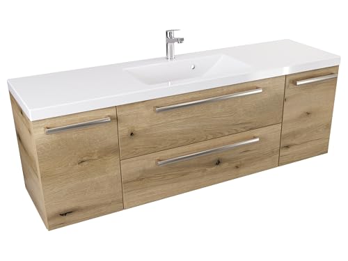 Furni Badezimmer-Waschtischunterschrank 140 cm D ATH DC - Mattes Holzdekor - Gebürsteter Stahlgriff von Furni