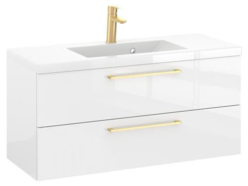 Furni Rosen 100 cm Hängend Waschbecken mit Unterschrank und Eleganten Goldenen Griffen Waschbeckenunterschrank Badezimmer Waschtisch mit Unterschrank Waschtischunterschrank Furni Rosen 100 cm Hängend Waschbecken mit Unterschrank und Eleganten Goldenen Griffen Waschbeckenunterschrank Badezimmer Waschtisch mit Unterschrank Waschtischunterschrank von Furni